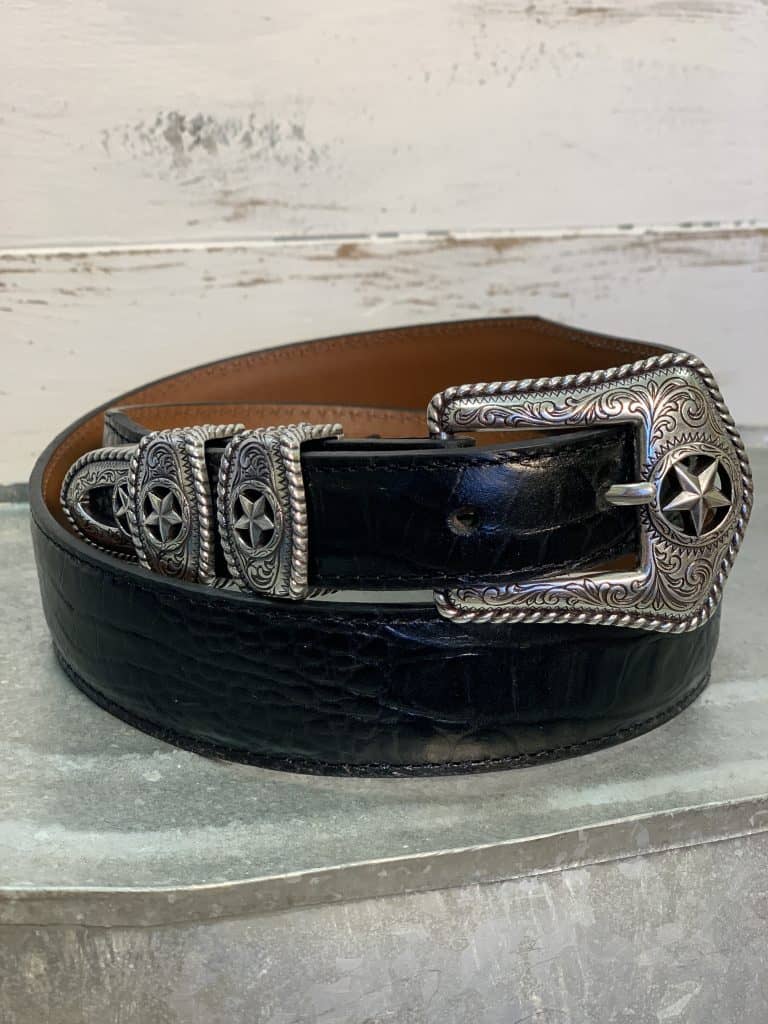 Black Croc Print Tapered Leather Belt - Saddle Rags
