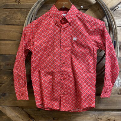 Boys Cinch L/S Button Down Red Flower Print