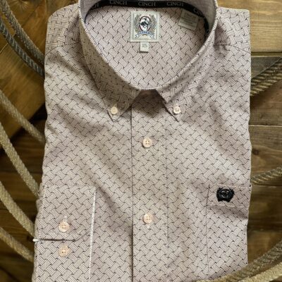 Mens Cinch Classic L/S Button Down Pink/Black Basketweave