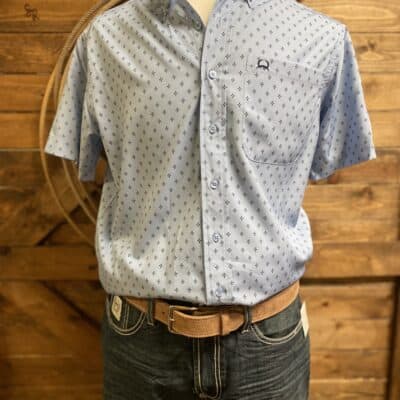 Mens Cinch S/S Arena Flex Button Down Light Blue Print