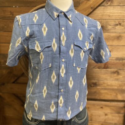 Mens Panhandle Slim S/S Pearl Snap Knit Blue