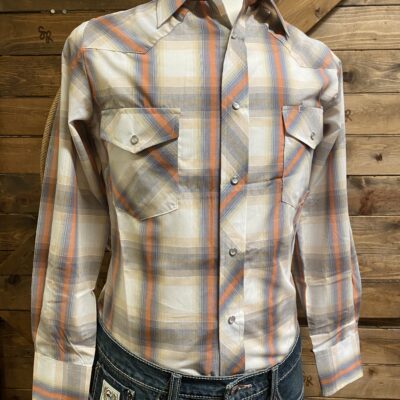 Mens Roper L/S 2 Pocket Pearl Snap Cream/Orange Plaid