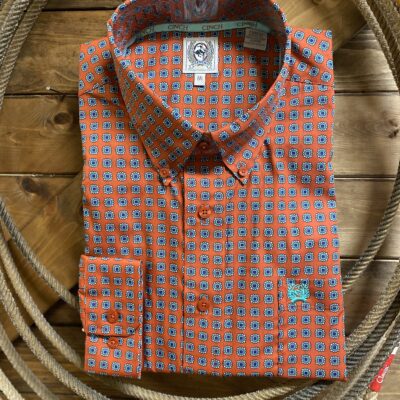 Mens Cinch Classic L/S Button Down Red/Turquoise Square Print