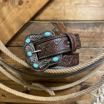 Womens Nocona Embossed Leather Brown/Turquoise Belt
