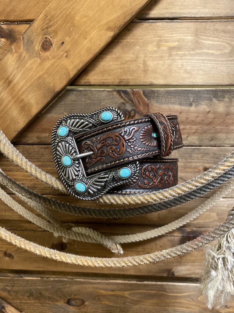 Womens Nocona Embossed Leather Brown/Turquoise Belt - Saddle  display picture 2