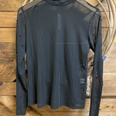 Womens Emma+Grace Black Mesh Mock Neck W/Pearls