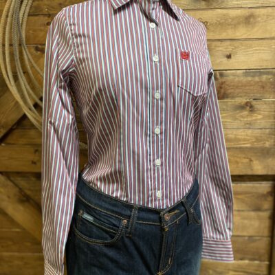 Womens Cinch Classic Tencel L/S Button Down Red/White/Blue Stripe