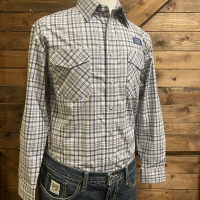 Mens Panhandle Slim 2 Pocket L/S Pearl Snap Blue/White Plaid