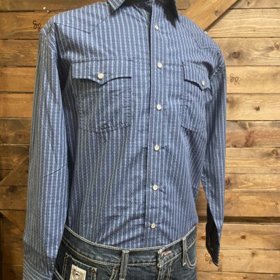 Mens Panhandle Slim L/S Pearl Snap Navy Square Stripe