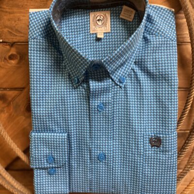 Mens Cinch Classic L/S Button Down Blue/Blk Sq Print