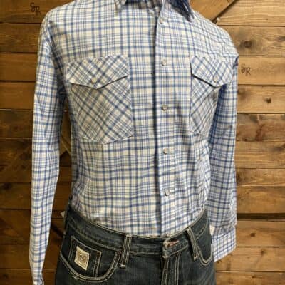 Mens Panhandle Slim L/S 2Pocket Pearl Snap Shirt Blue Plaid