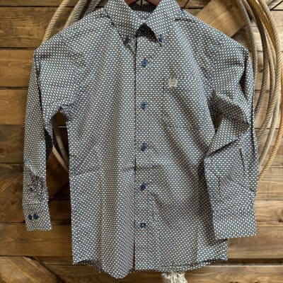 Boys Cinch Classic L/S Button Down Blue/Orang Square Print
