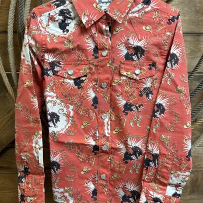 Girls Wrangler L/S Pearl Snap Western Print Shirt Pink