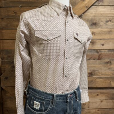 Mens Ariat L/S WF Pearl Snap Shirt Off White/Brown