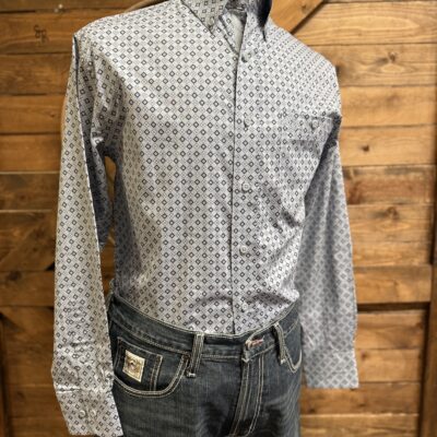 Mens Wrangler George Strait L/S Button Down Blue/White Diamond Print