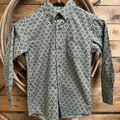 Boys Cinch Classic L/S Button Down Olive Geo Print