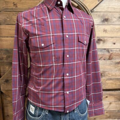 Mens Wrangler Classic Pearl Snap L/S Burgundy Plaid
