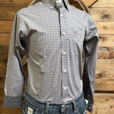 Mens Ariat Wrinkle Free Fitted L/S Button Down Grey Print