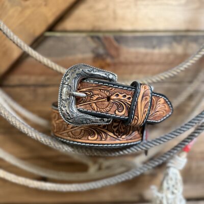 Mens Challenger Floral Tooled/Blk Edge 1 3/4" Belt