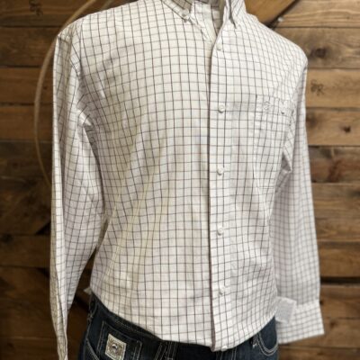 Mens Wrangler George Strait L/S Button Down White/Wine Plaid