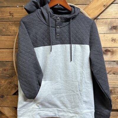 Mens Rock&Roll Quilted 1/4 Button Hoodie Grey Henley