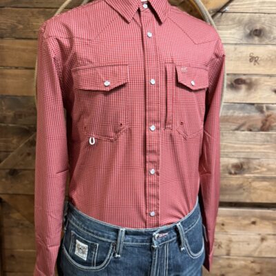 Mens HornKnot L/S Pearl Snap Performance Red Gingham