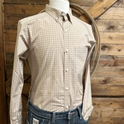 Mens Ariat Pro Fitted L/S Button Down Beige Plaid