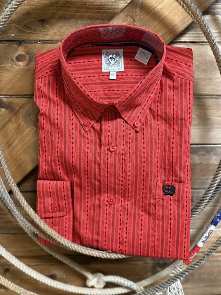 Mens Cinch L/S Classic Button Down Red/Blk Stripe - Saddle Rags