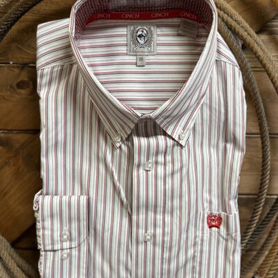 Mens Cinch Classic L/S Button Down Wht/Blk/Red Stripe Tencel