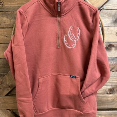 Womens Wrangler 1/4 Zip Sweatshirt Rust Horseshoes