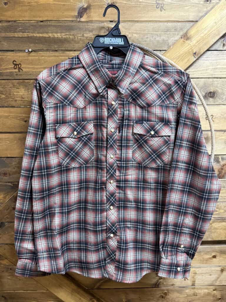 Mens Rock&Roll L/S Tek Stretch Pearl Snap Brushed Plaid - Saddle Rags