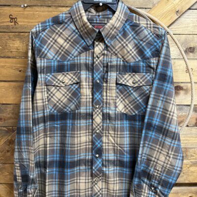 Mens Rock&Roll L/S Tek Stretch Pearl Snap Brown Brushed Plaid