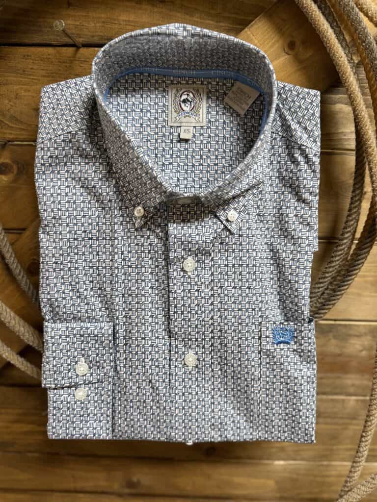Mens Cinch Classic L/S Button Down Blue/White Square Print - Saddle Rags