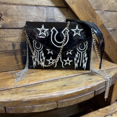 American Darling Black Patten Leather Chain Fringe Purse