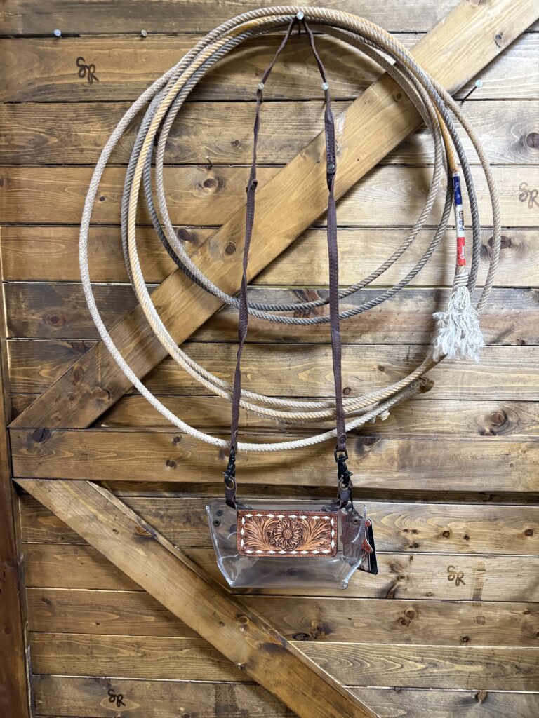 American Darling Clear Clutch/Crossbody W/Tooled Leather - Saddle Rags