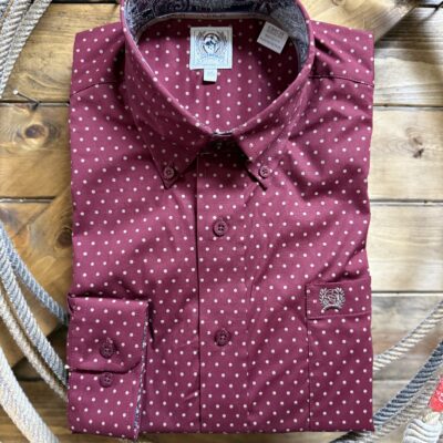Mens Cinch Classic L/S Button Down Burgundy/Tan Polka Dot