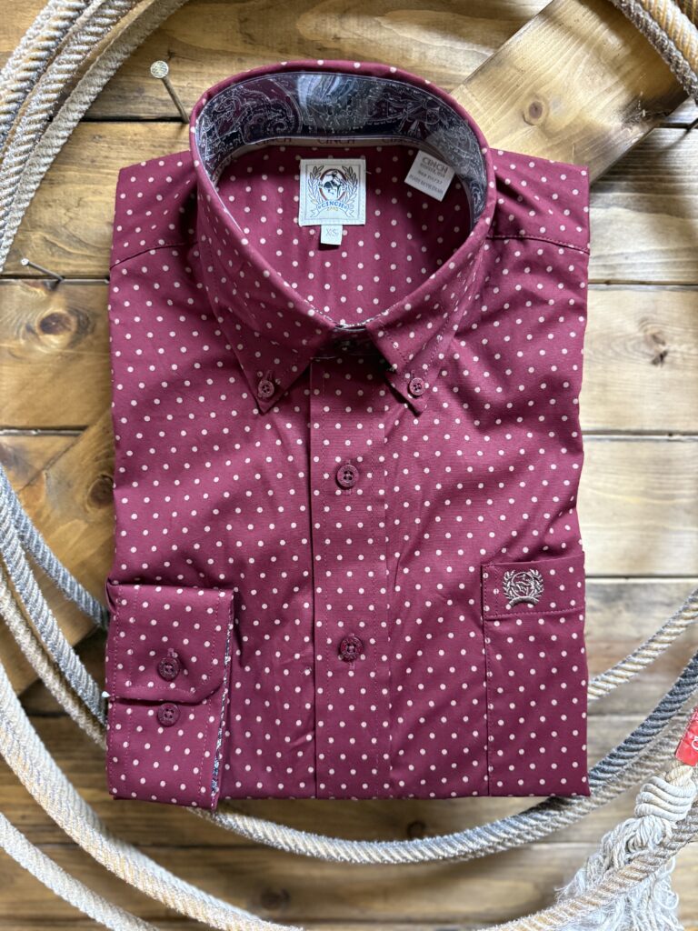 ccc. バーガンディ Mens Cinch Classic L/S Button Down Burgundy/Tan Polka Dot - Saddle