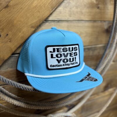 Cactus Alley Hat Co Jesus Loves You Turq/White