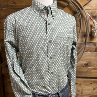 Mens Wrangler George Strait L/S Button Down Green/White Print