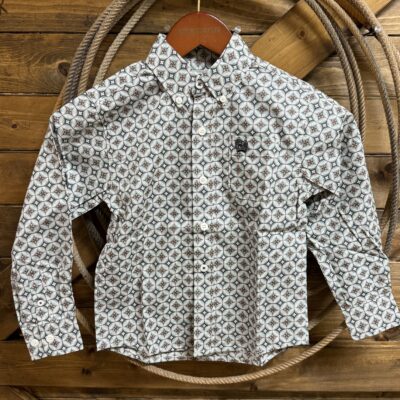 Boys Cinch L/S Button Down Teal/Green Geo Print