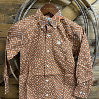 Boys Cinch L/S Button Down Brown/White Square Print