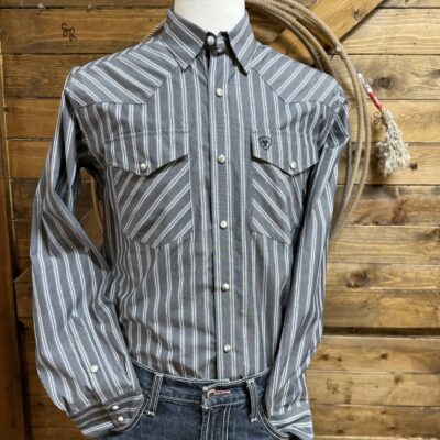 Mens Ariat Pro Series L/S Pearl Snap-Grey/White Stripe