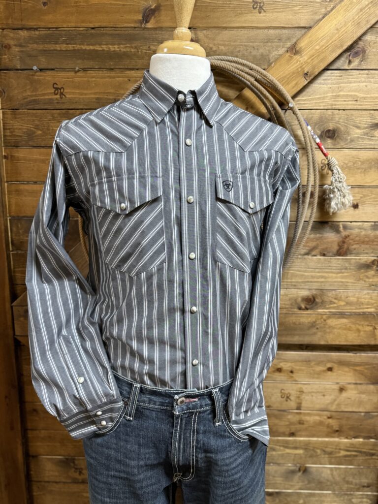Mens Ariat Pro Series L/S Pearl Snap-Grey/White Stripe - Saddle Rags