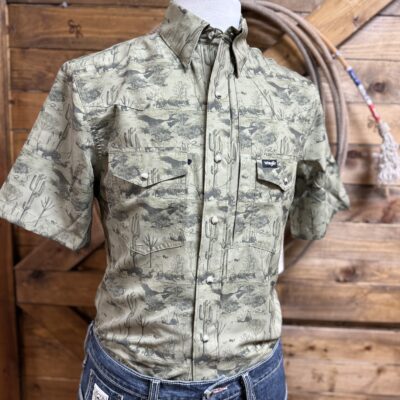 Mens Wrangler ATG Performance S/S Pearl Snap-Olive Western Print