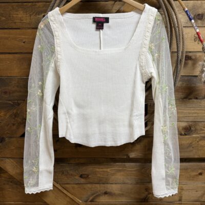 Womens Rock&Roll L/S Floral Lace Sleeved Top-White/Floral Lace
