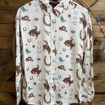 Womens Rock&Roll L/S Button Down Top-White Western