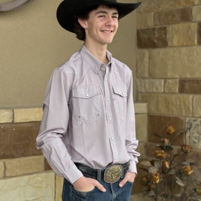 Mens Saddle Rags Perforated Performance L/S Pearl Snap-Lavender/Cream Plaid