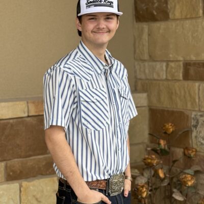 Mens Saddle Rags Perforated Performance S/S Pearl Snap-Ivory/Navy Stripe