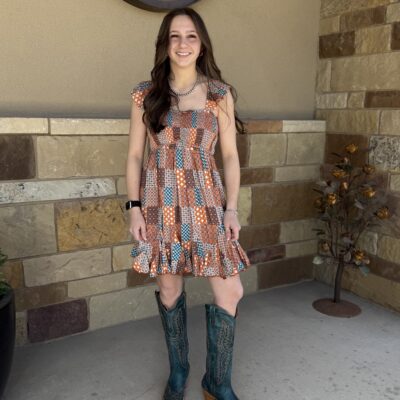 Womens Rock&Roll Mini Dress-Rust/Blue Patch Print