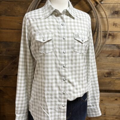 Womens Cinch Arena Flex L/S Pearl Snap-White/Grey Plaid
